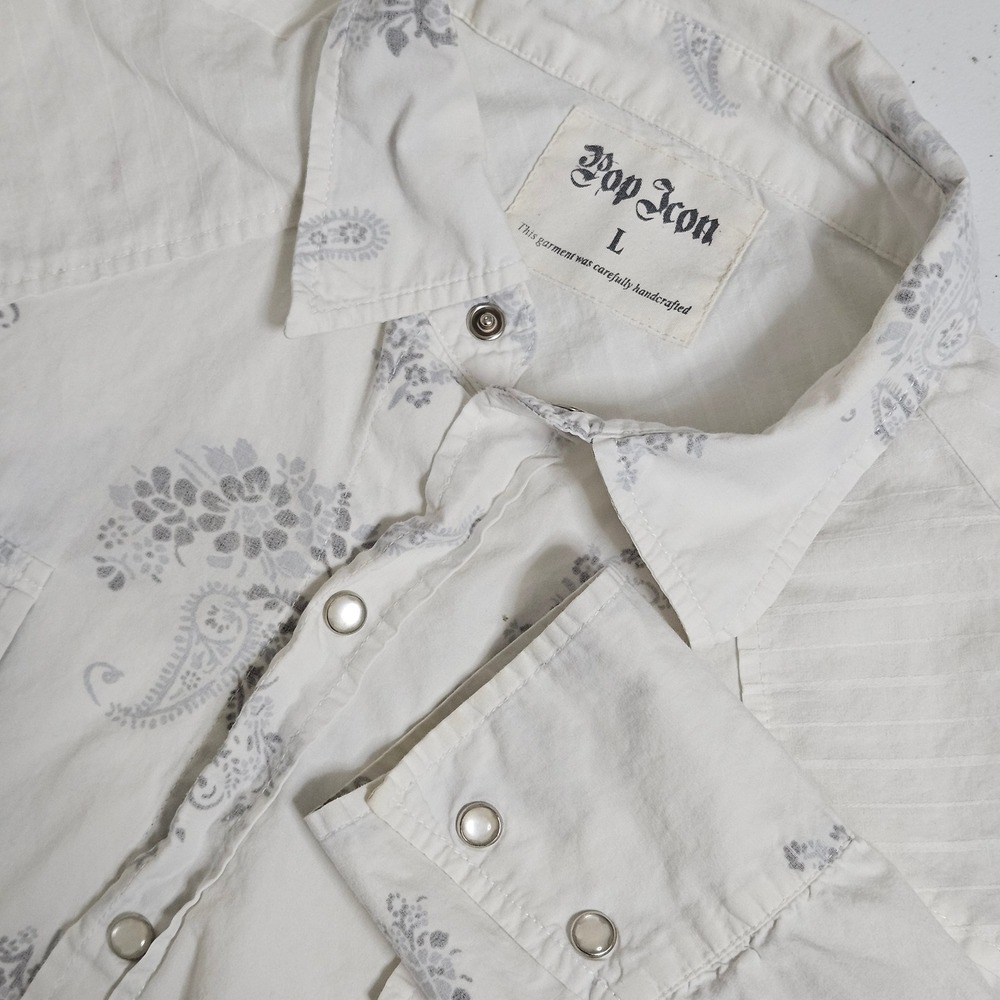 Buckle Pop Icon Western Shirt Men L White Paisley Pearl Snap Western Cowboy Note